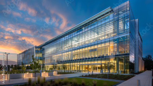 A large glass building with a lot of windows and a large courtyard