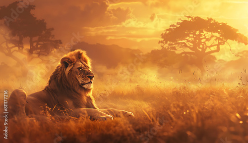 Savannah landscape, majestic lion.