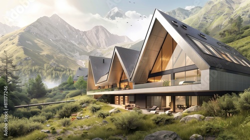 Side view of a modern house with large windows and angular roofs in a mountain area. photo