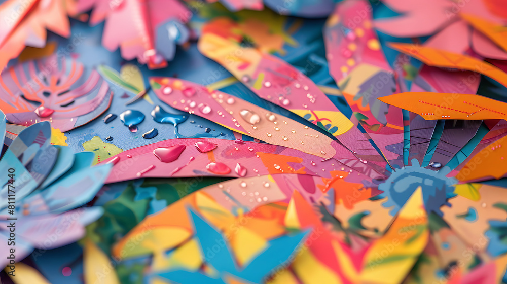 A colorful paper flower arrangement with water droplets on it A colorful paper flower arrangement with water droplets on it