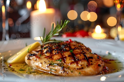 Chicken steak, elegantly presented on a fine porcelain plate. The tender chicken breast, perfectly seasoned and grilled to perfection, glistens under the soft glow of candlelight.