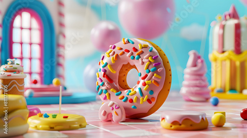 A colorful scene of a donut with sprinkles on top and a cake in the background
