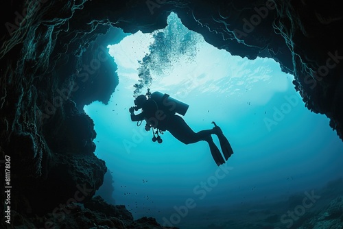 A person diving in a cave in the ocean. Suitable for travel brochures © Ева Поликарпова