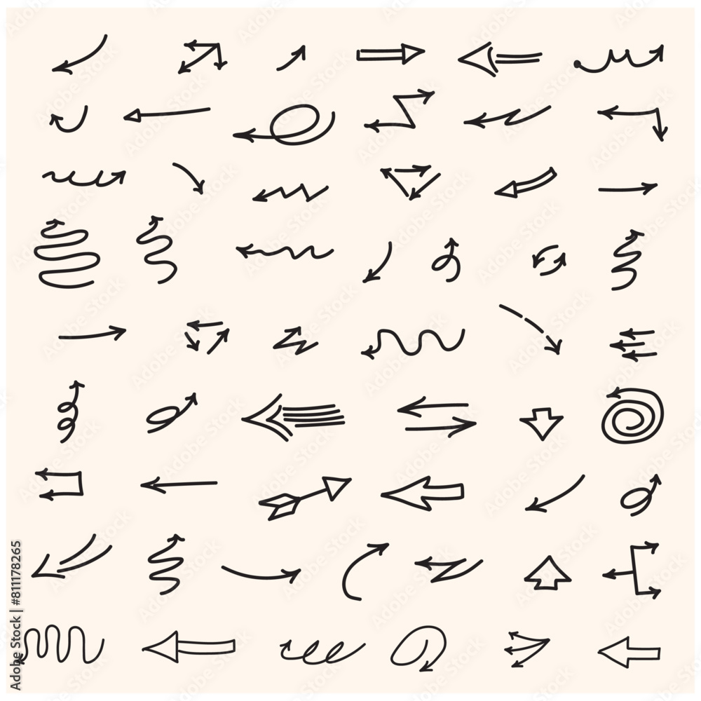 Vector set of hand-drawn arrows with style doodle and line art Vector set of hand-drawn arrows with style doodle and line art