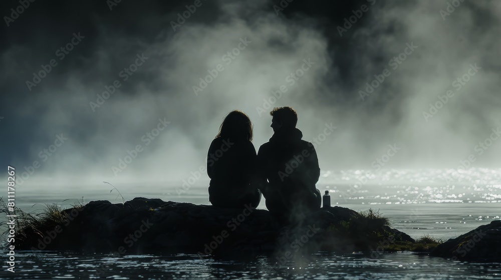 Romantic couple sitting on a rock by the lake in the fog Romantic couple sitting on a rock by the lake in the fog