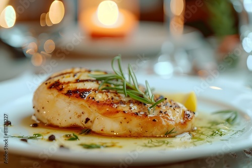 Chicken steak, elegantly presented on a fine porcelain plate. The tender chicken breast, perfectly seasoned and grilled to perfection, glistens under the soft glow of candlelight.
