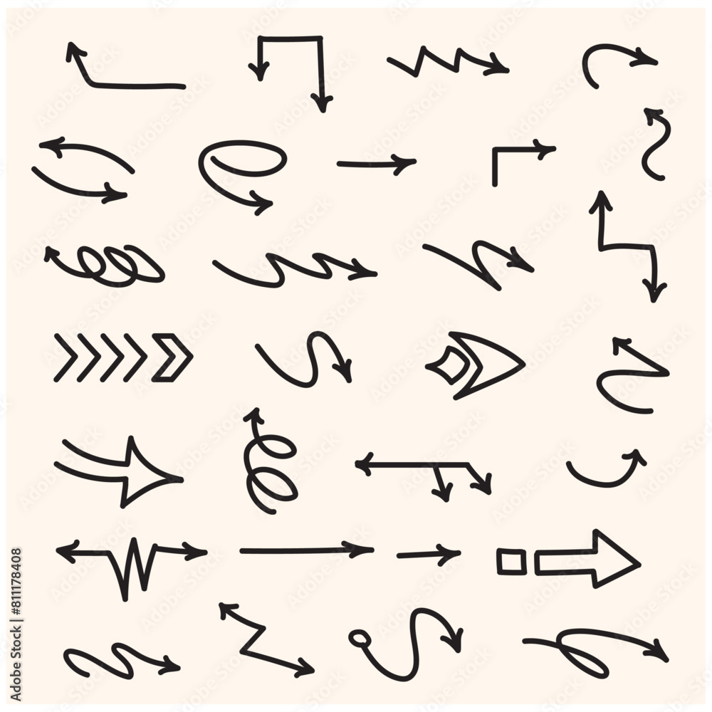 Vector set of hand-drawn arrows with style doodle and line art Vector set of hand-drawn arrows with style doodle and line art