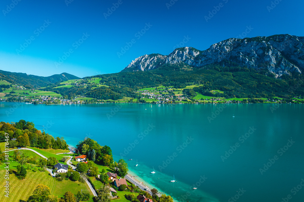 Aerial View of Unterach at Attersee in Upper Austria, Vibrant Turquoise Waters and Lush Alpine Landscape