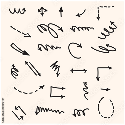 Vector set of hand-drawn arrows with style doodle and line art