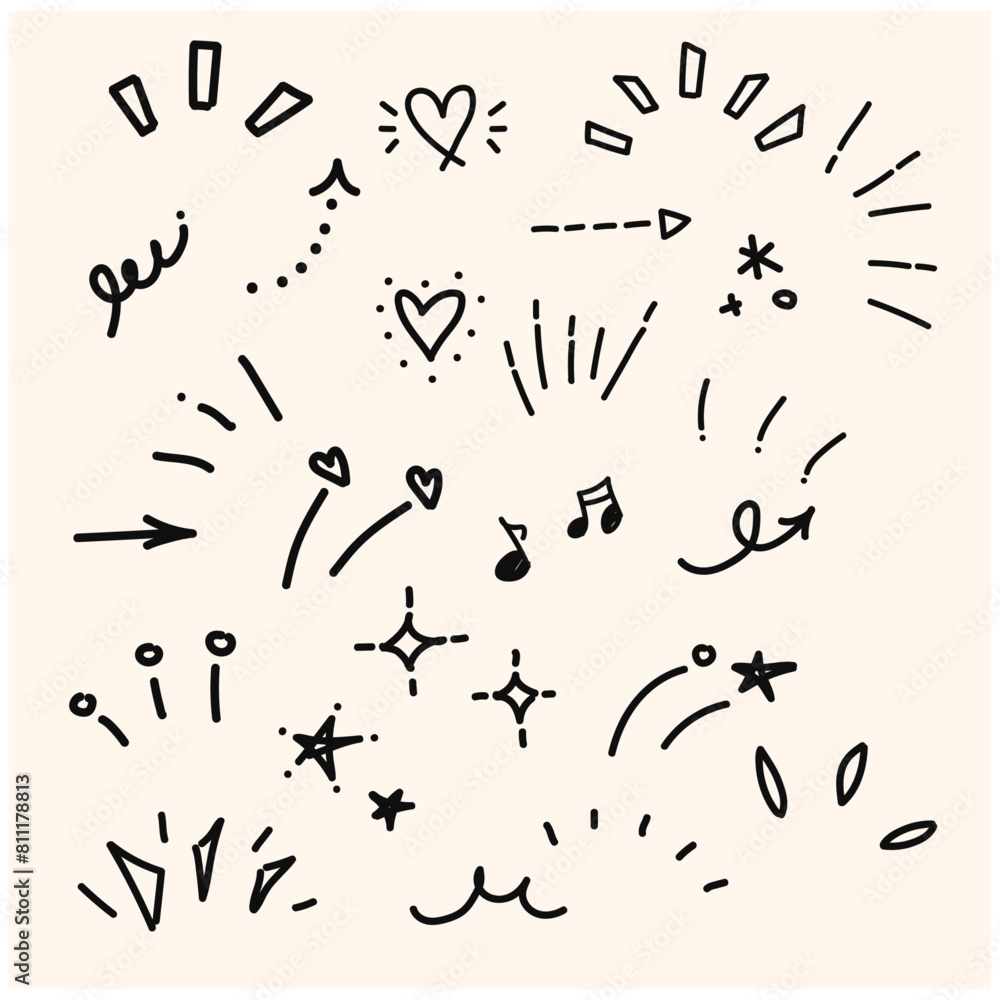 A set of abstract icons representing awareness, attention, concentration, surprise, ideas, inspiration, speech bubbles, and various with style doodle and line art A set of abstract icons representing awareness, attention, concentration, surprise, ideas, inspiration, speech bubbles, and various with style doodle and line art