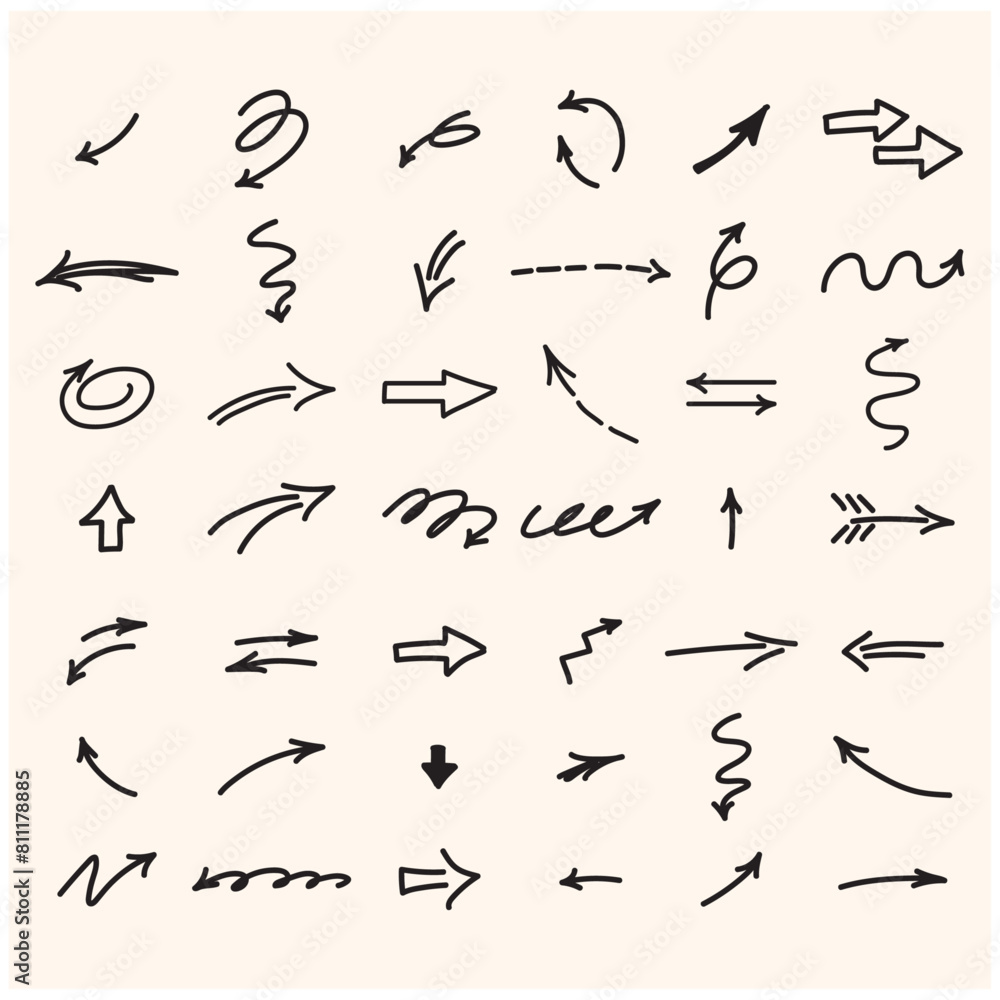 Vector set of hand-drawn arrows with style doodle and line art Vector set of hand-drawn arrows with style doodle and line art