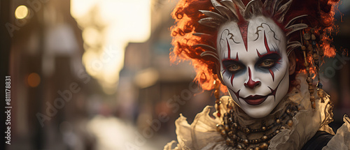 Sinister person in a jester costume. In the style of a panoramic horror movie still. Set in New Orleans during Mardi Gras. Backlit sunset and unsettling street environment. © Archlane