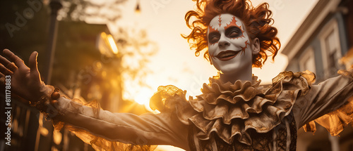 Sinister person in a jester costume. In the style of a panoramic horror movie still. Set in New Orleans during Mardi Gras. Backlit sunset and unsettling street environment.