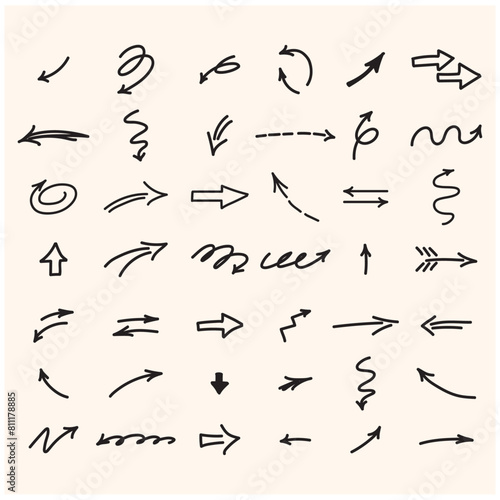 Vector set of hand-drawn arrows with style doodle and line art