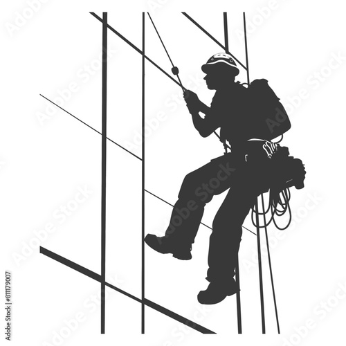 Silhouette Skyscraper window cleaner in action full body black color only