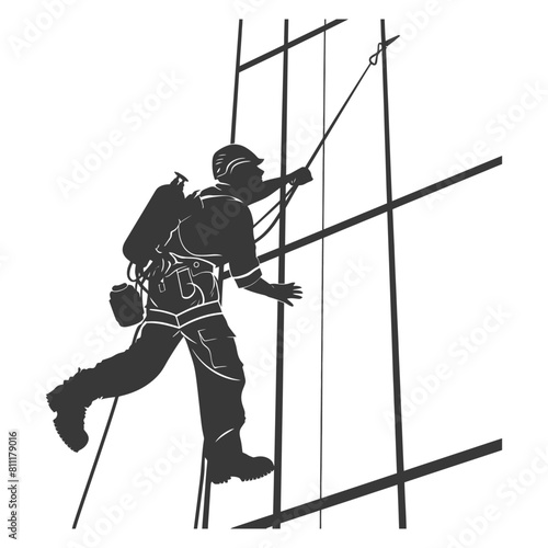 Silhouette Skyscraper window cleaner in action full body black color only