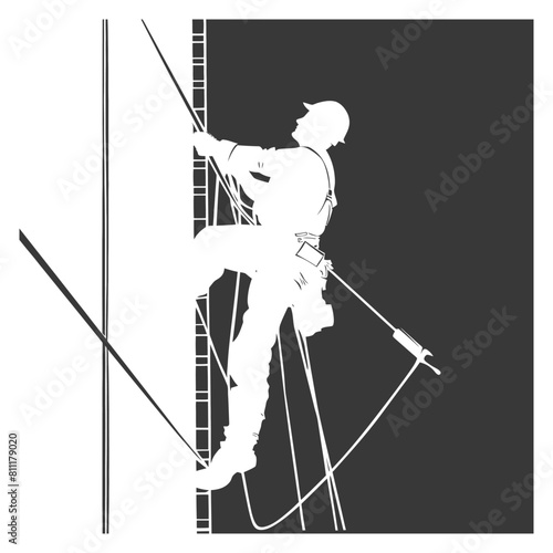 Silhouette Skyscraper window cleaner in action full body black color only
