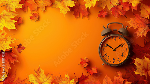 Alarm clock and seasonal leaves. Concept of inexorable passage of time. Space for copy.