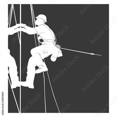 Silhouette Skyscraper window cleaner in action full body black color only