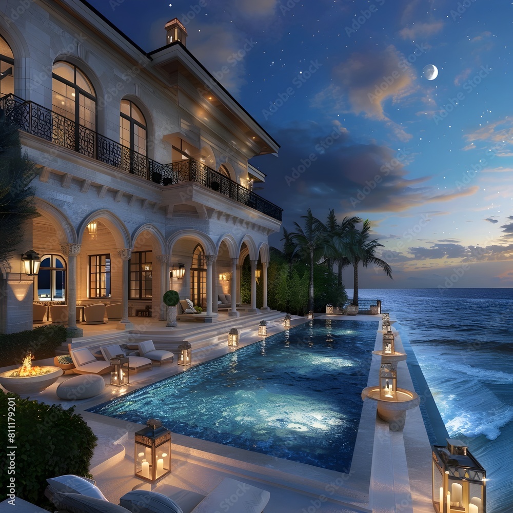 Obraz premium Exquisite Oceanfront Manor with Grand Infinity Pool Merging with the Moonlit Sea and Lush Gardens