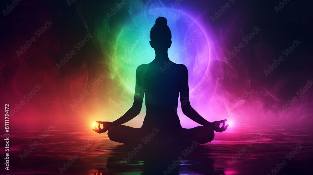 Silhouette of a person sitting in a lotus position in meditation with a bright multi-colored aura Silhouette of a person sitting in a lotus position in meditation with a bright multi-colored aura