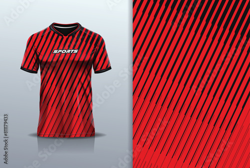 T-shirt mockup with abstract stripe line sport jersey design for football, soccer, racing, esports, running, in black red color