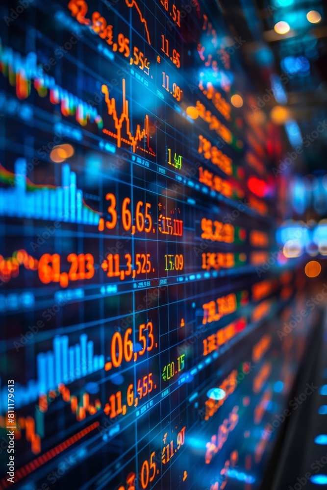 Fototapeta premium A close up of a stock market display with many different numbers, AI