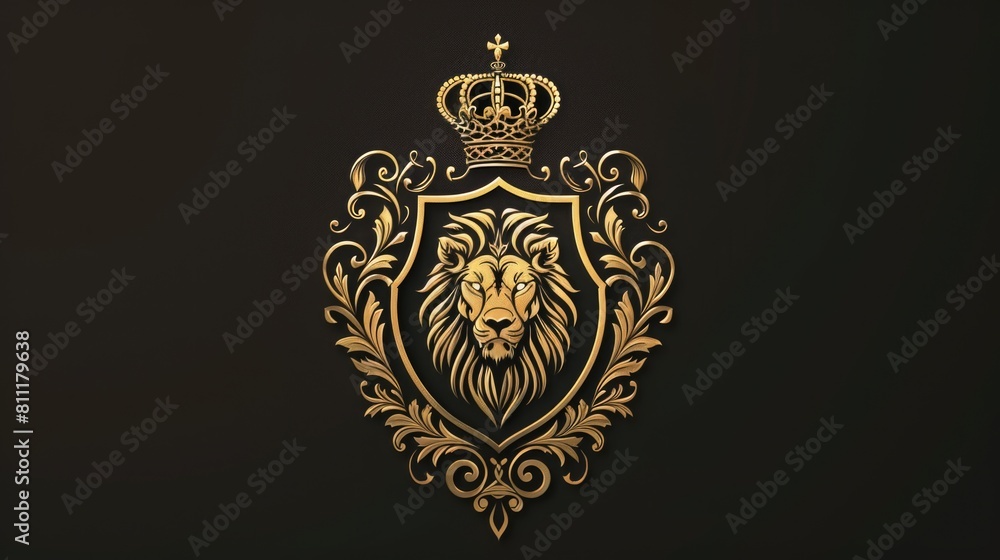 Majestic golden lion with a crown on a striking black background. Perfect for regal and luxurious themed designs