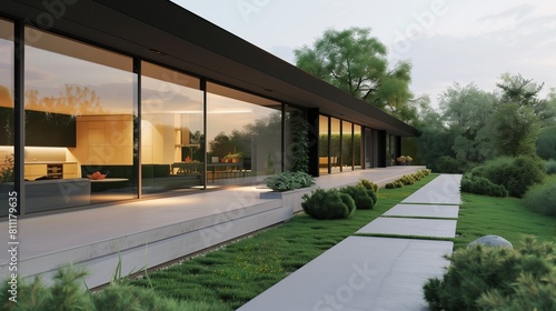Modern home side view with flat roof and minimalist landscape around smooth paths.