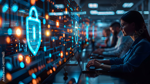 Photo Realistic: Cybersecurity Team Implementing Safeguards A cybersecurity team working on advanced safeguards to manage digital risks and protect company data in a photo stock 