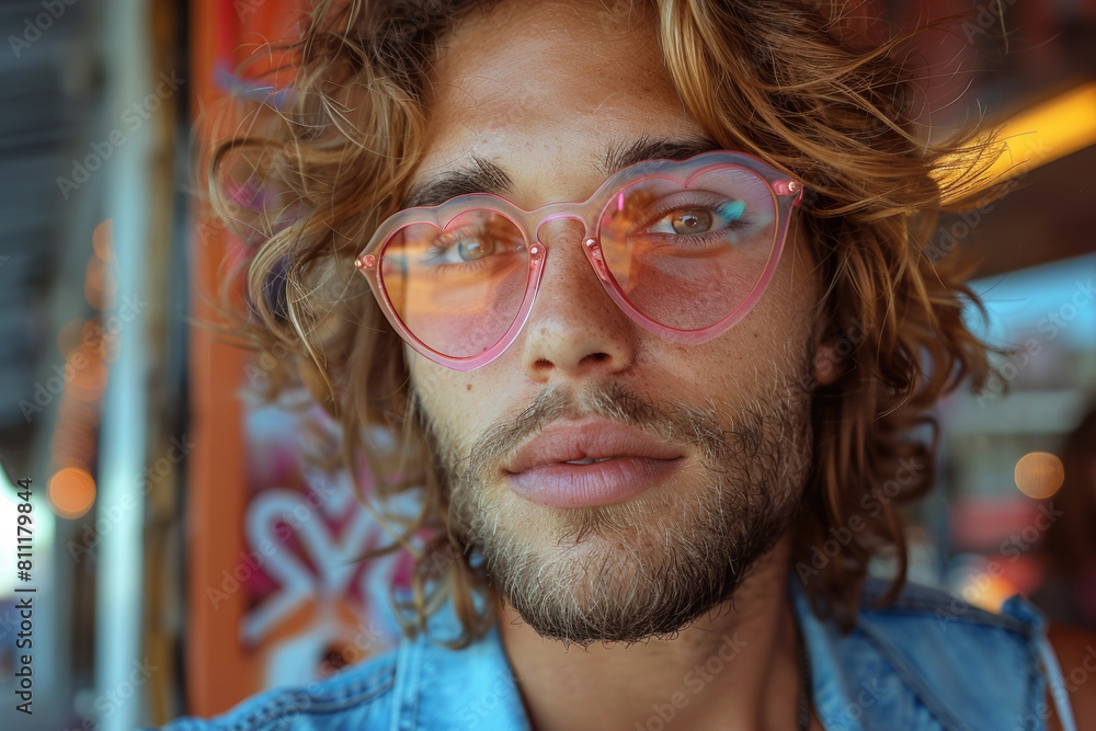 A handsome man in pink eyeglasses exudes style and confidence in an urban portrait.