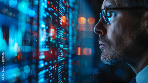 Photo realistic concept of a Data Security Analyst intensely monitoring threats to manage cyber risks and secure organizational data in the network environment © Gohgah