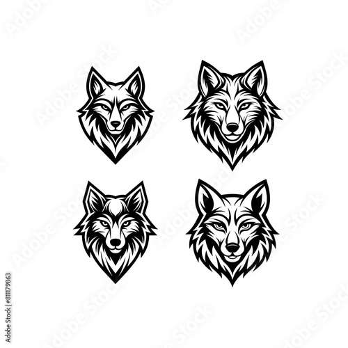 a set of four wolf faces logo with a black and white background.