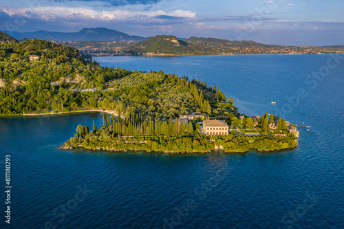 Aerial View of Punta San Vigilio on Lake Garda, Historic Villa and Lush Gardens in a Tranquil Mediterranean Setting