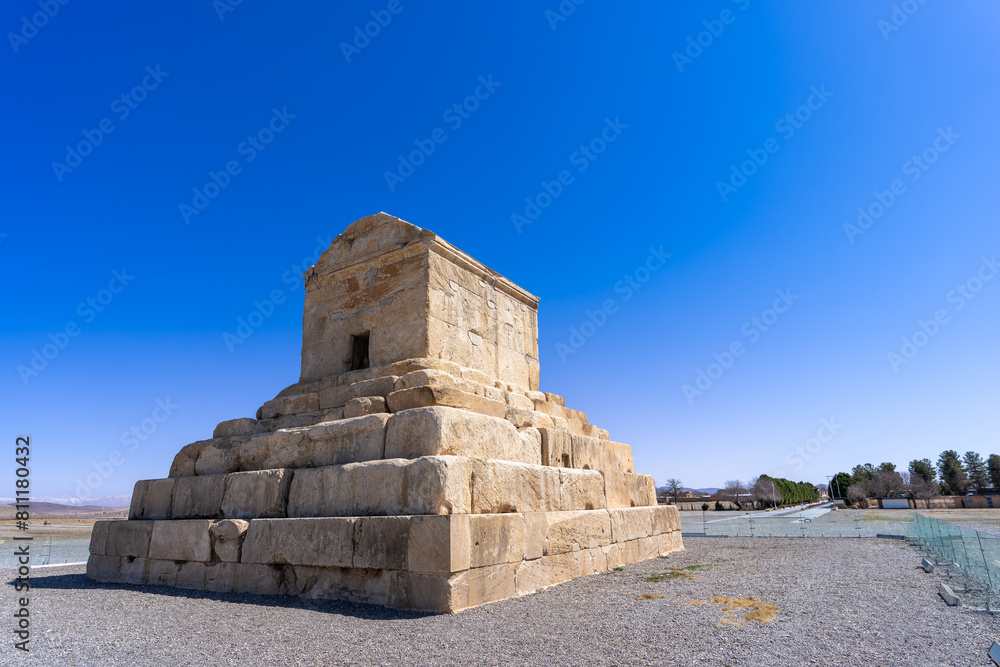 The majestic tomb of Cyrus the Great stands on the barren grounds. Witnesses to Persian history, Pasargadae, Yazd, Iran.