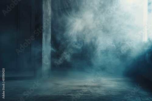 A fire hydrant emitting smoke in a dark room, suitable for industrial safety concepts photo