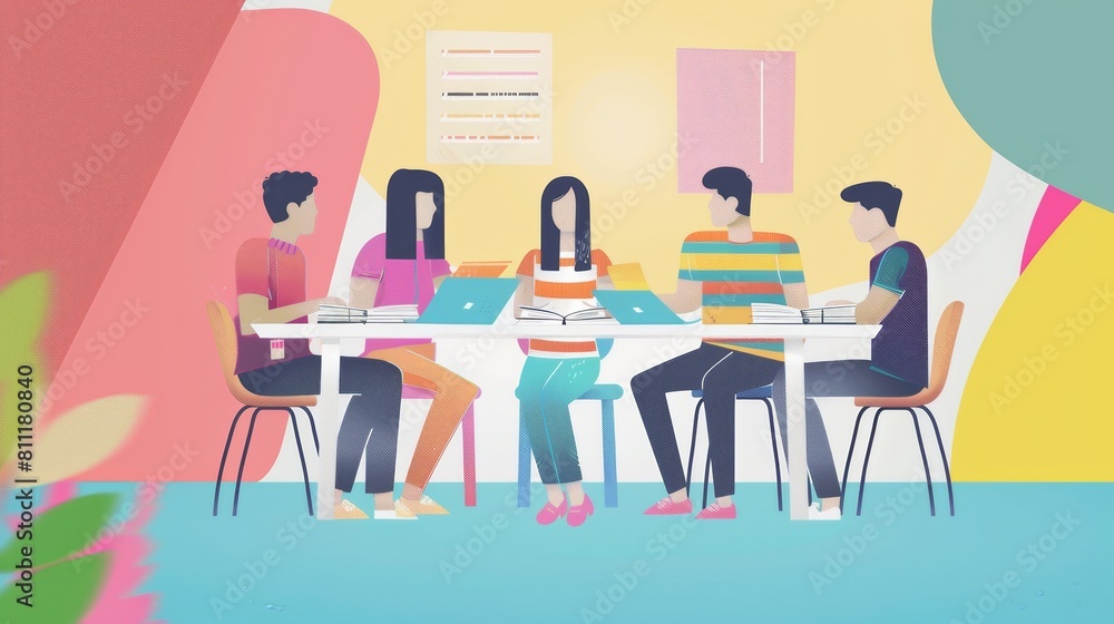 A diverse group of people sit around a table, each engrossed in their own laptops, collaborating and discussing study material for an educational program. Generative AI A diverse group of people sit around a table, each engrossed in their own laptops, collaborating and discussing study material for an educational program. Generative AI