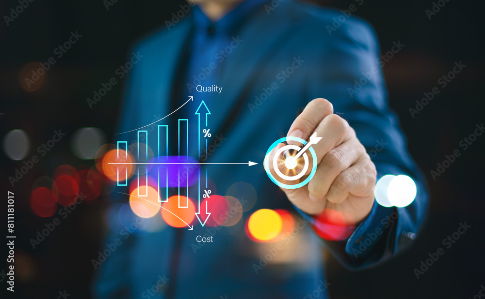 Virtual Quality Cost efficient and quality control concept. Businessman with virtual ...
