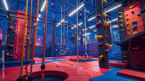 A competitive ninja warrior gym with climbing walls, ropes, and various obstacles designed for rigorous training.