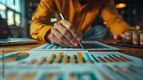 Photo realistic illustration of a Financial Analyst conducting risk assessment on investment portfolios, suggesting mitigative strategies. Stock photo concept for finance professio