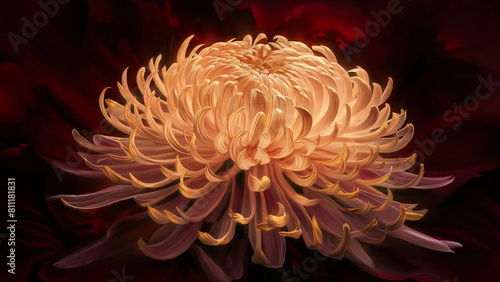 The image vividly portrays an oversized  sumptuous chrysanthemum flower. The flower is depicted with a plethora of pale peach-colored petals intricately arranged to create a plush display. Concen...