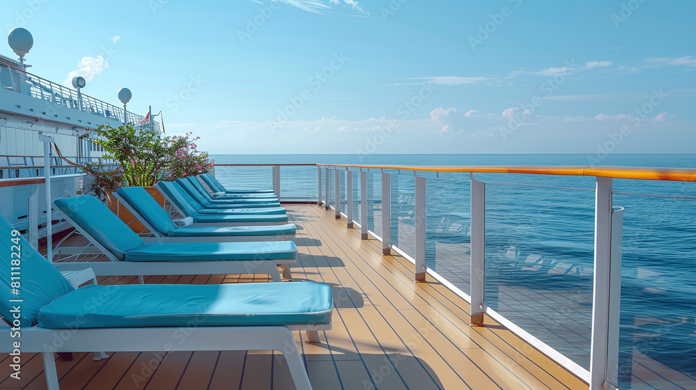 Fototapeta premium row of lounge chairs on the deck of a cruise ship, bright sunny day, blue sky