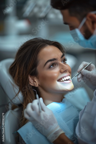 A woman getting a dental checkup at the dentist's office, AI