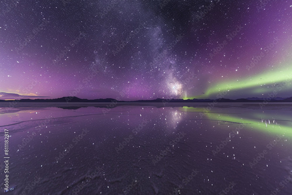 Violet and green aurora shine in the night sky, reflections in calm water, Very twisty aurora fills the sky