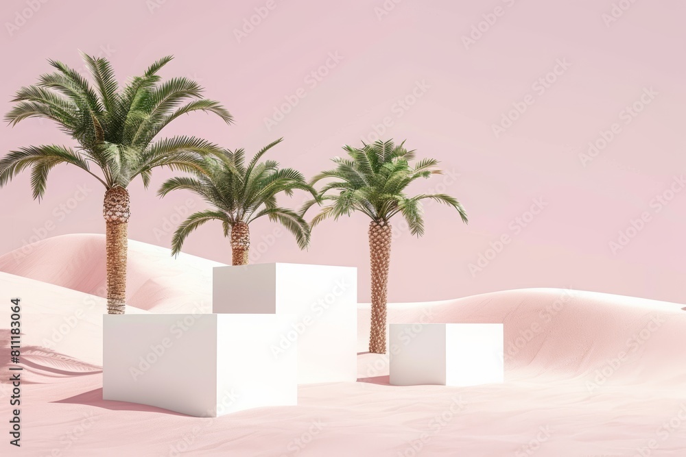 Fototapeta premium palm trees in the desert with three white cubes on a soft pink background for product presentation, mockup template, large empty space
