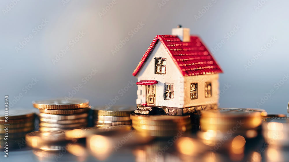 miniature house upon stack pile of coins, concept of savings for house mortgage or purchase miniature house upon stack pile of coins, concept of savings for house mortgage or purchase