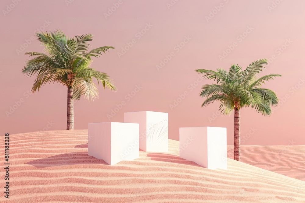 Fototapeta premium palm trees in the desert with three white cubes on a soft pink background for product presentation, mockup template, large empty space