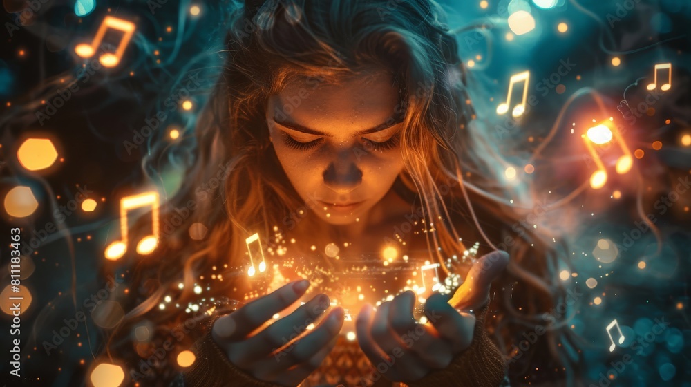 A beautiful girl with long blond hair is holding a glowing ball of light in her hands. The light is made of musical notes. The girl is standing in a dark forest, and the light from the ball is illumin