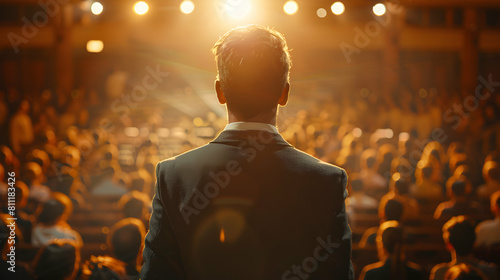 Photo realistic concept: Motivational Speaker Inspiring Career Growth and Ambition at Corporate Event Employee Empowerment Talks on Success in the Workplace