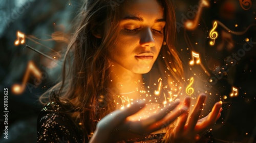 A beautiful woman holds a glowing ball of musical notes in her hands